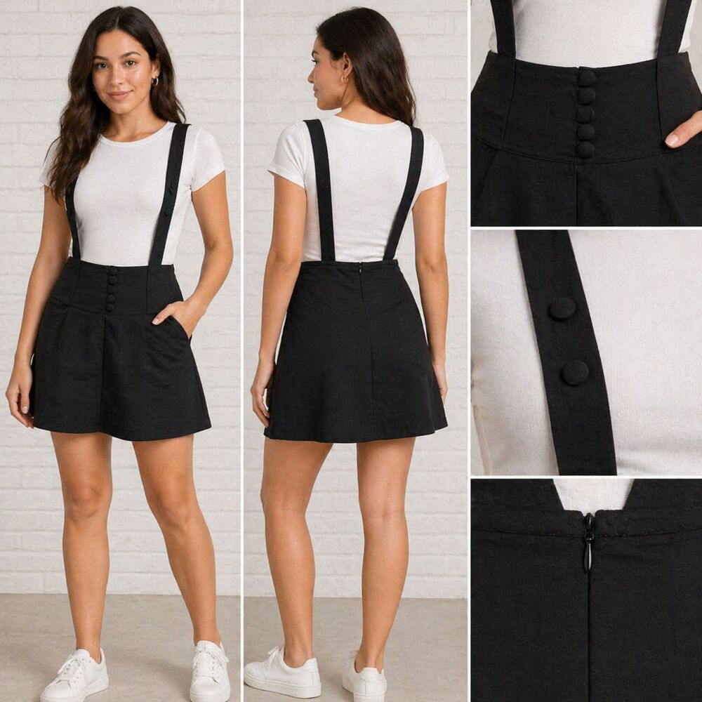 Katties Black High Waisted Suspender Skirt Button Detail Large
